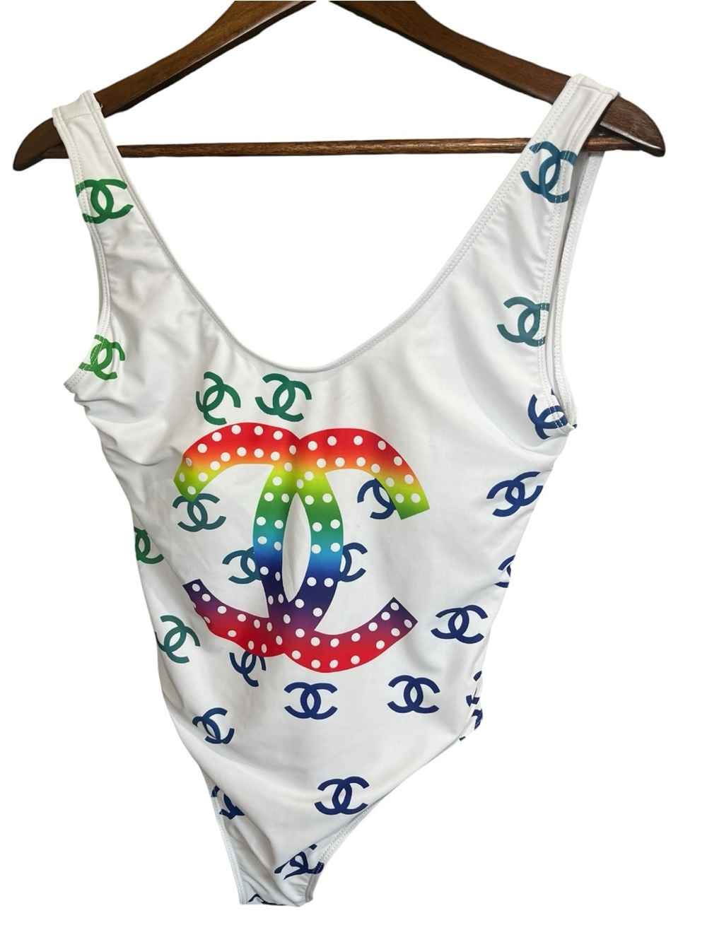 CHANEL White One-Piece Swimsuit with Multicolor Rainbow Logo Size XL - Picture 3 of 7